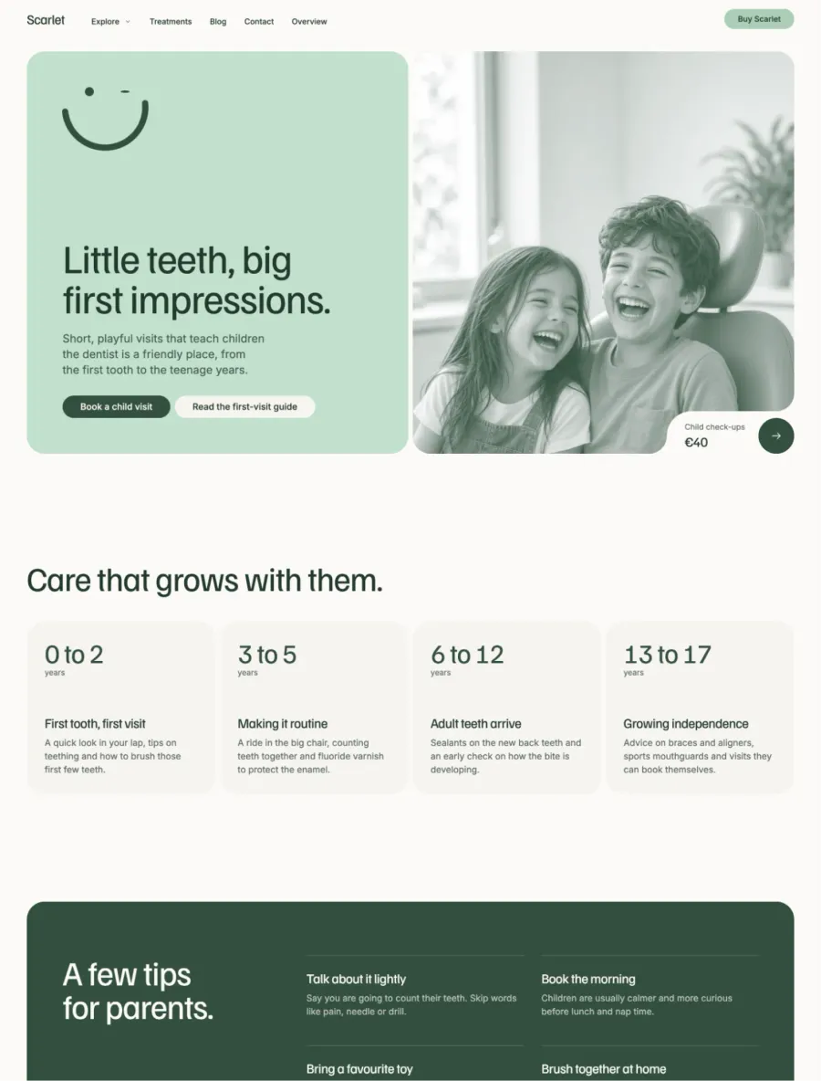 Scarlet children's dentistry page with age stages and tips for parents