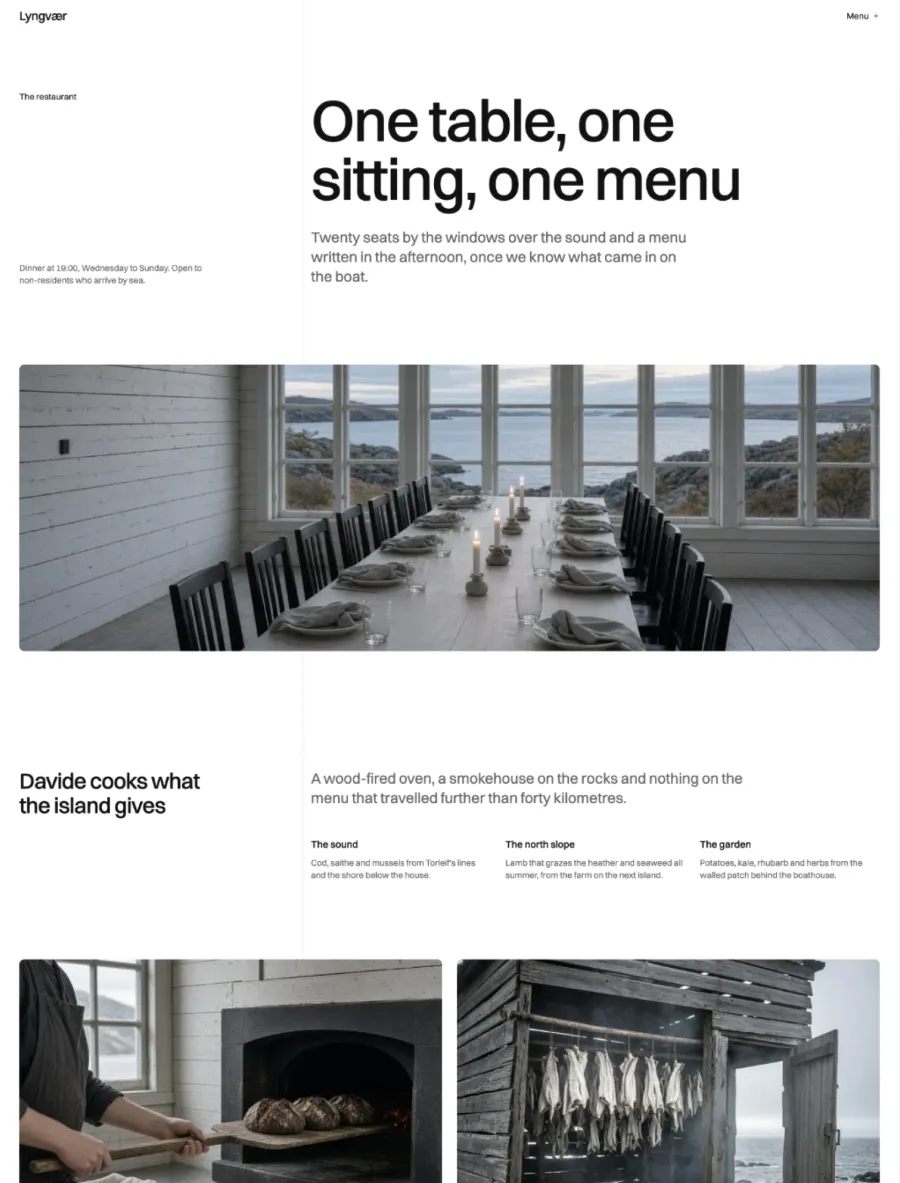 Lyngvær restaurant page with a large title, a photo of the long table by the sea windows, and the kitchen section with the oven and the smokehouse
