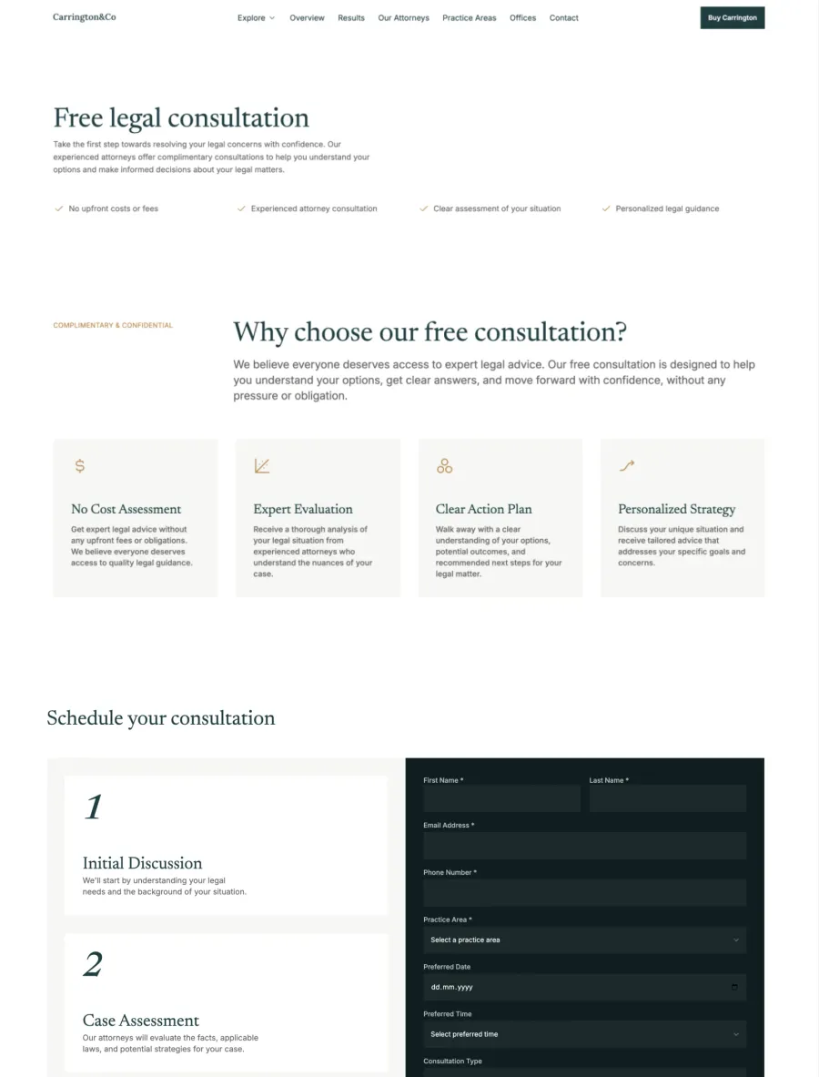 Carrington & Co free consultation page with benefit cards and a scheduling form on a dark teal panel