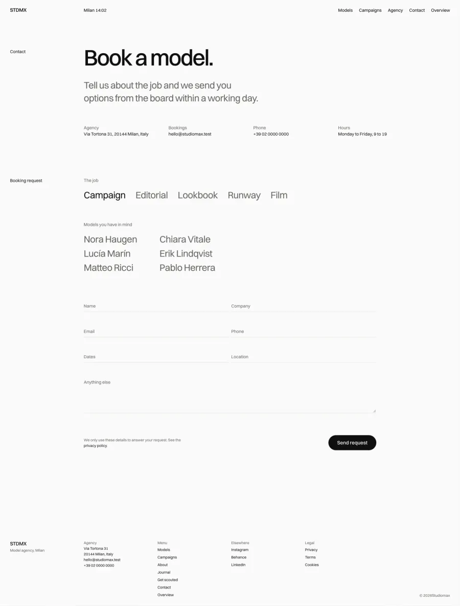 Studiomax book a model page with the agency details, the job types, the models to choose from and a booking request form