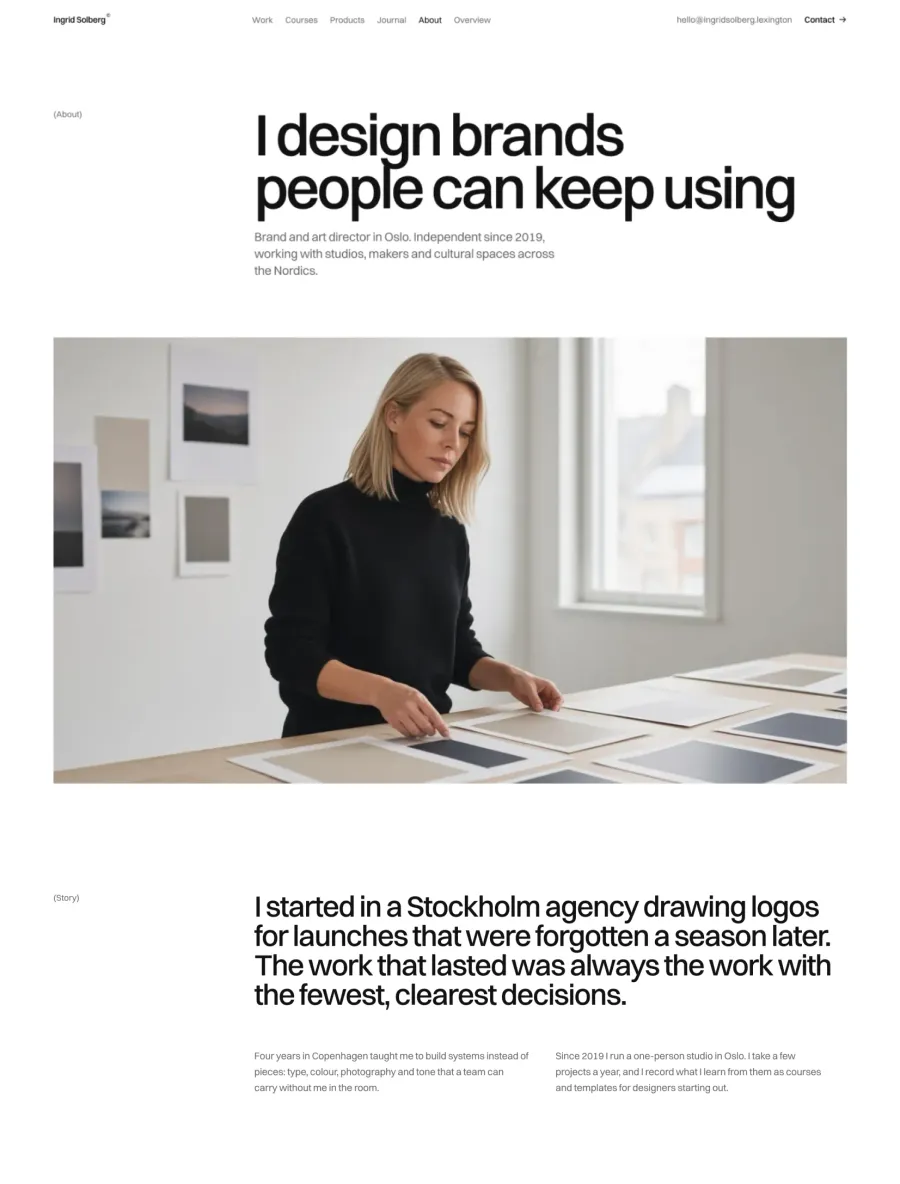 Ingrid Solberg about page with a studio photo and the designer's story