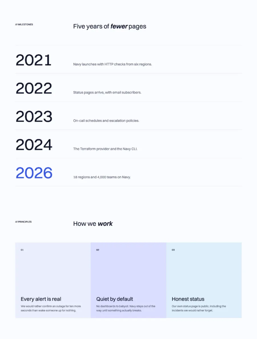 Navy about page milestones from 2021 to 2026 in large numbers, and three principles on lilac and frost panels