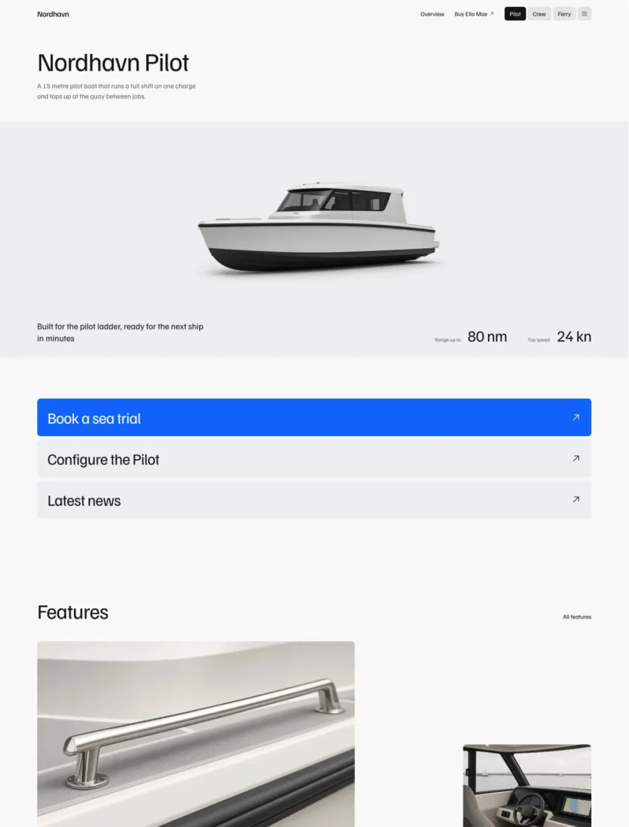 Nordhavn model page with a full-bleed boat cut-out, specs and blue link rows