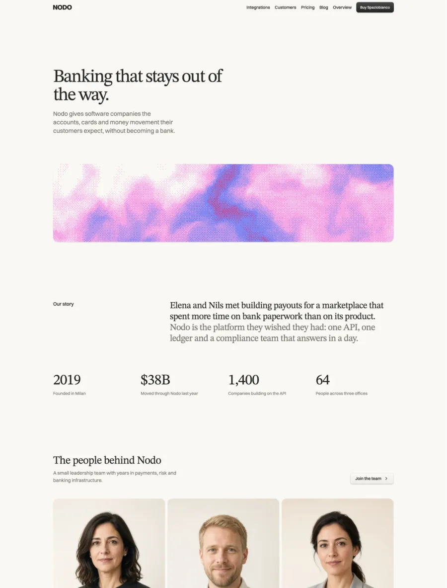 Nodo about page with a shader band, company story, stats and leadership portraits