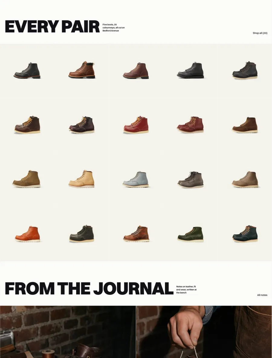 Williamsburg home with Every pair, a full-bleed wall of twenty moc toe colourways on grey tiles, and the start of From the journal