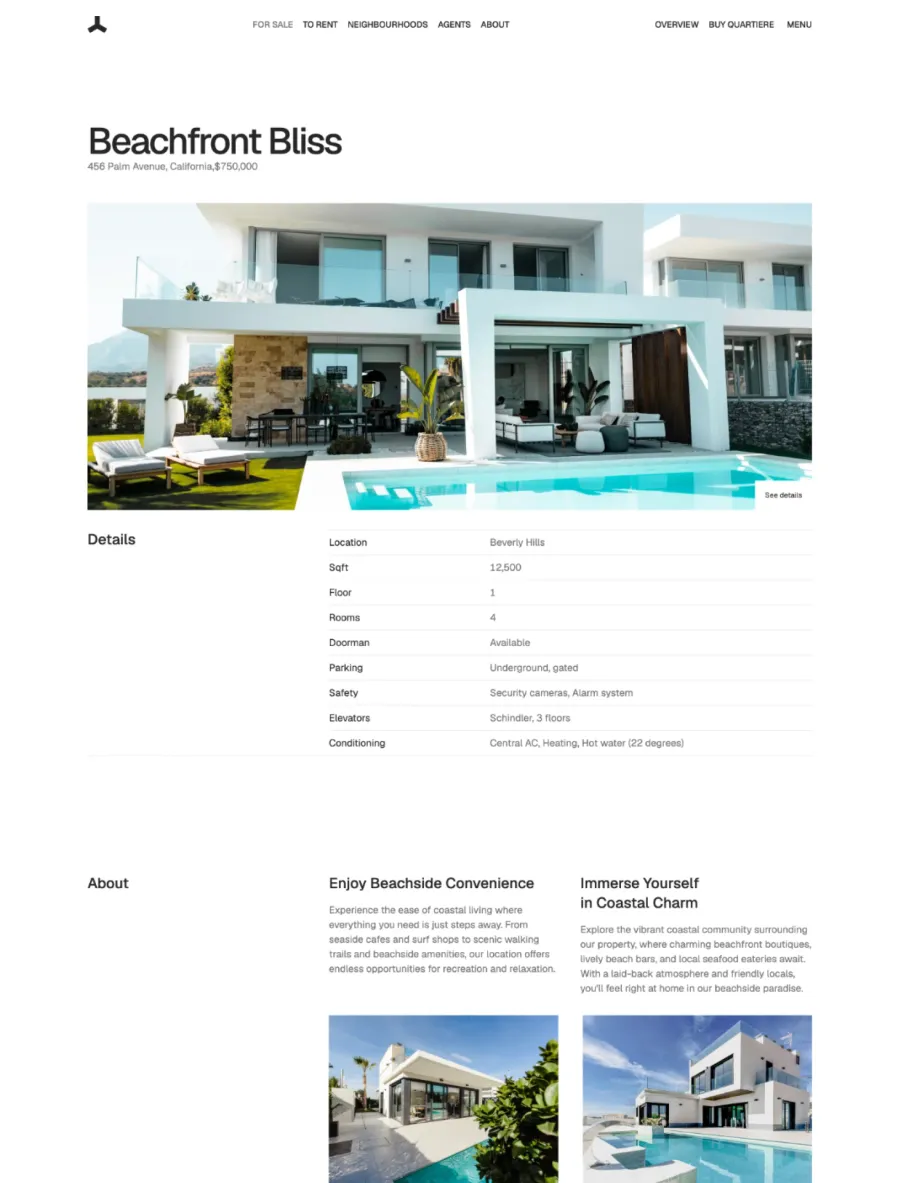 Quartiere listing page for Beachfront Bliss with a white villa and pool, a See details label, a details table and About with two photos