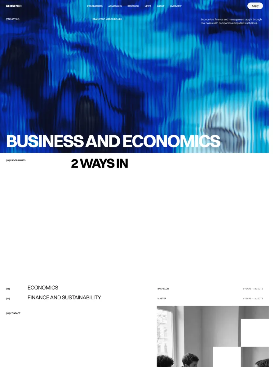 Gerstner Business and Economics faculty page with a blue shader header and its two programmes