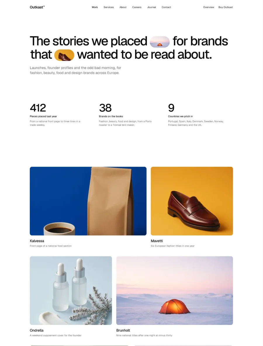 Outkast work index with a The stories we placed headline, three stats with examples and the client campaigns in a mixed grid