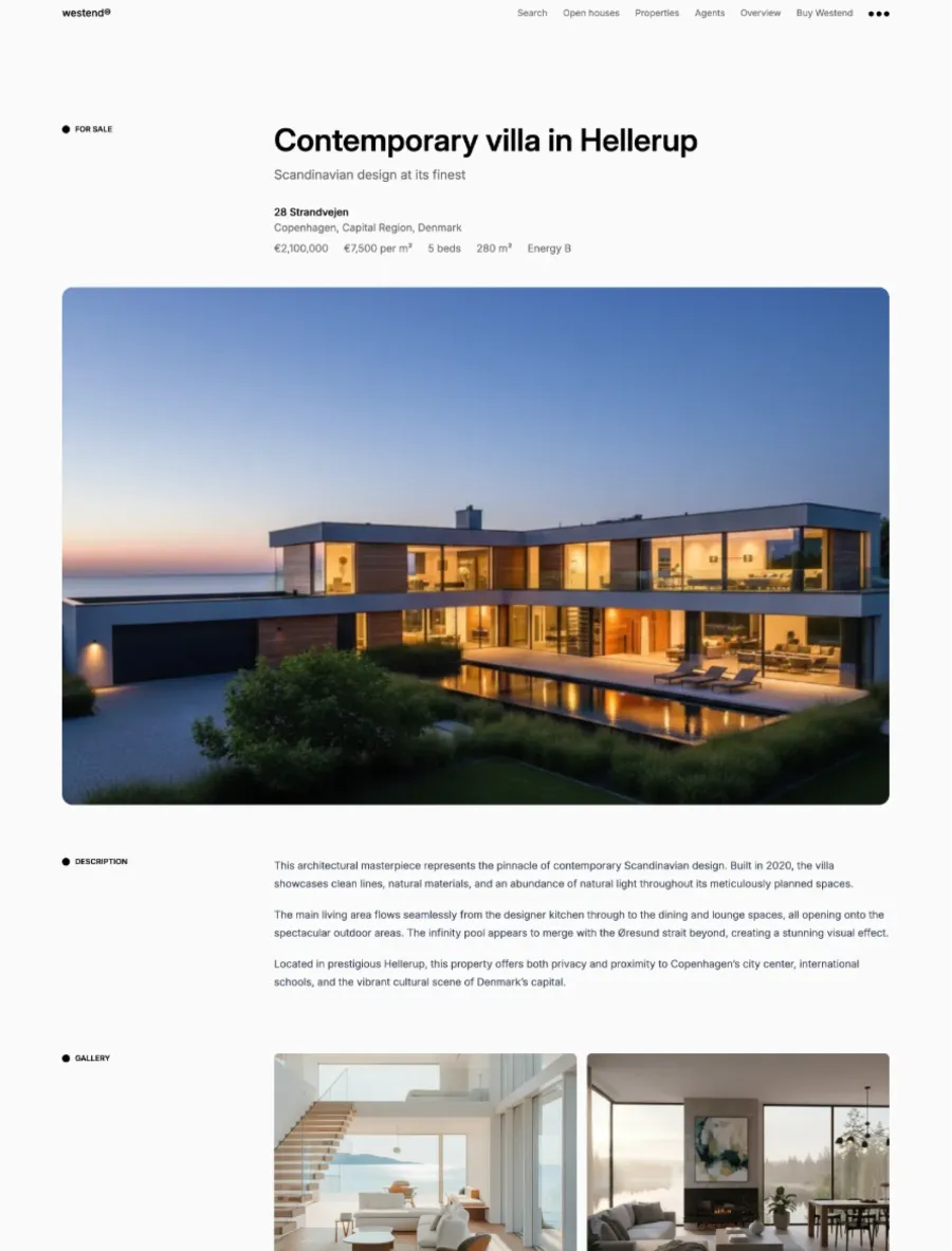 Westend property detail page for a Hellerup villa with price, price per m², bedrooms, size and energy class above a full-width photo