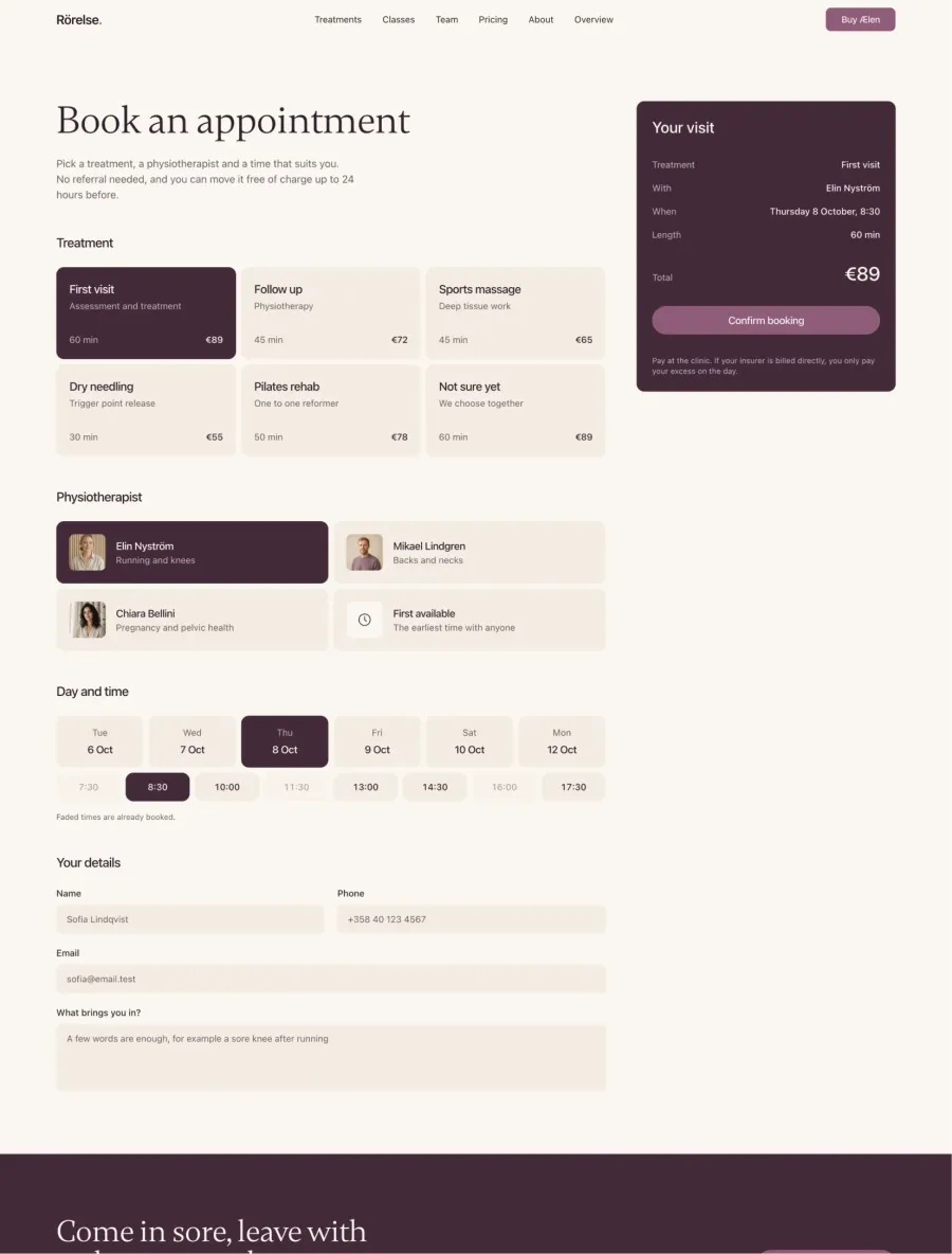 Rörelse booking page with treatment, physiotherapist, day and time pickers and a plum summary of the visit with the total and a confirm button