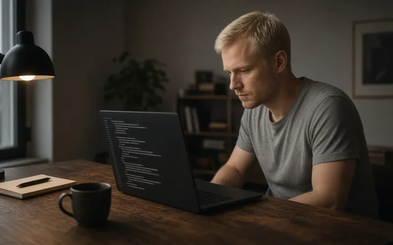 Rasmus Kjær working on a laptop with a dark interface at an oak desk lit by a black desk lamp