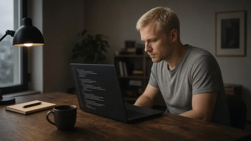 Rasmus Kjær working on a laptop with a dark interface at an oak desk lit by a black desk lamp